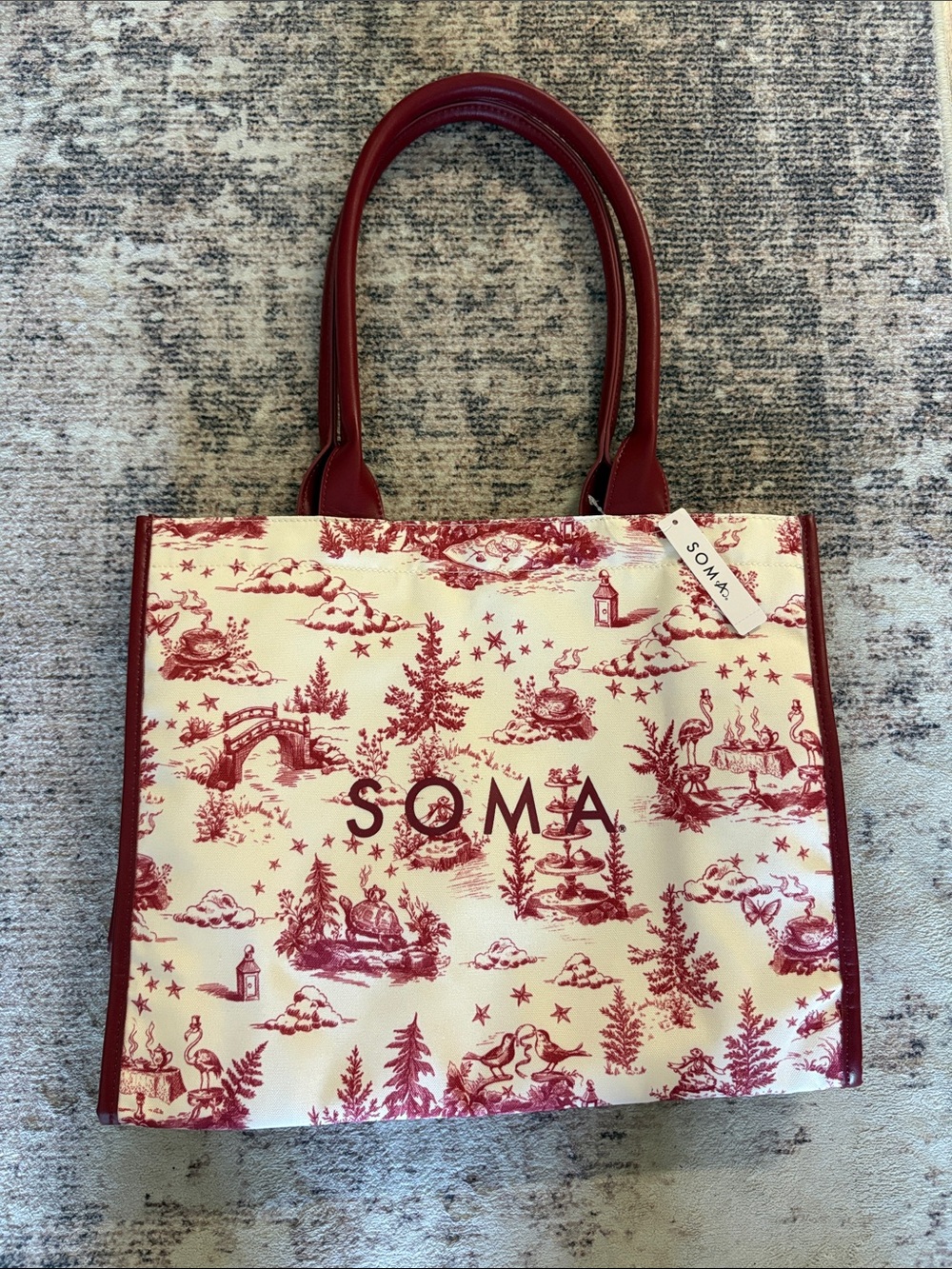 Soma Red and Cream Toile Canvas Tote